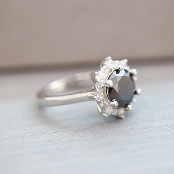 S925 3ct Black Moissanite Diamond Sunflower Style Engagement Ring Silver - Picture 3 of 6